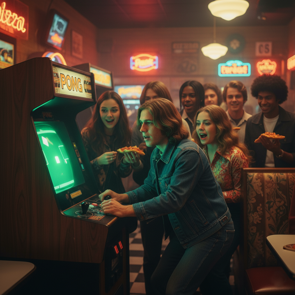 Eine Gruppe Jugendlicher spielt Pong an einem Arcade-Automaten