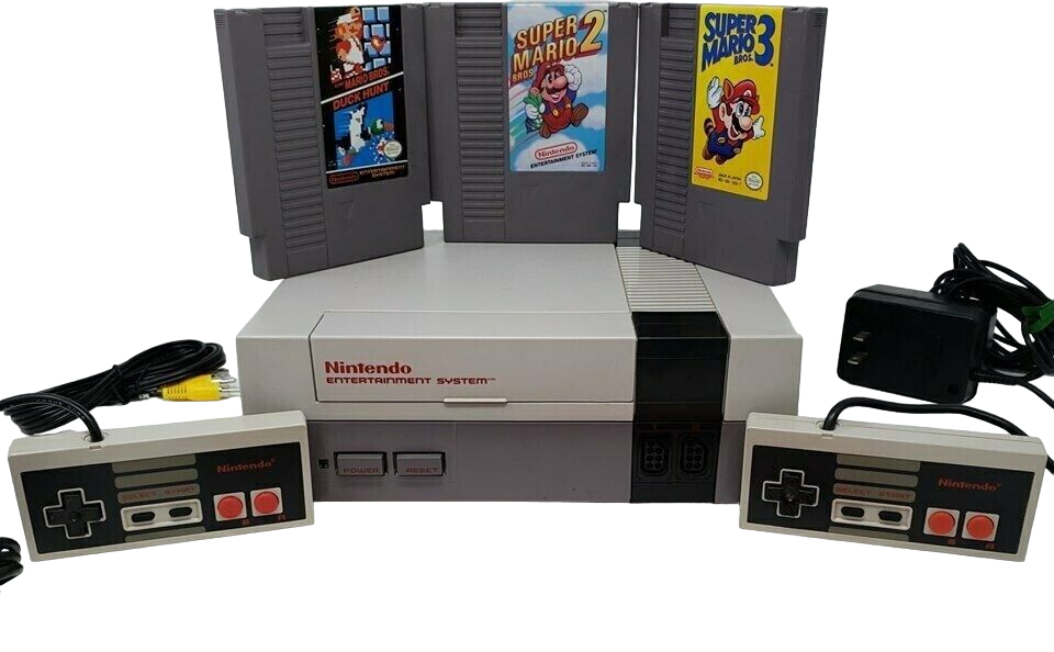 Eine Nintendo Entertainment System (NES) Konsole, zwei Controller und den Spielmodulen für Super Mario Bros./Duck Hunt, Super Mario Bros. 2 und Super Mario Bros. 3.